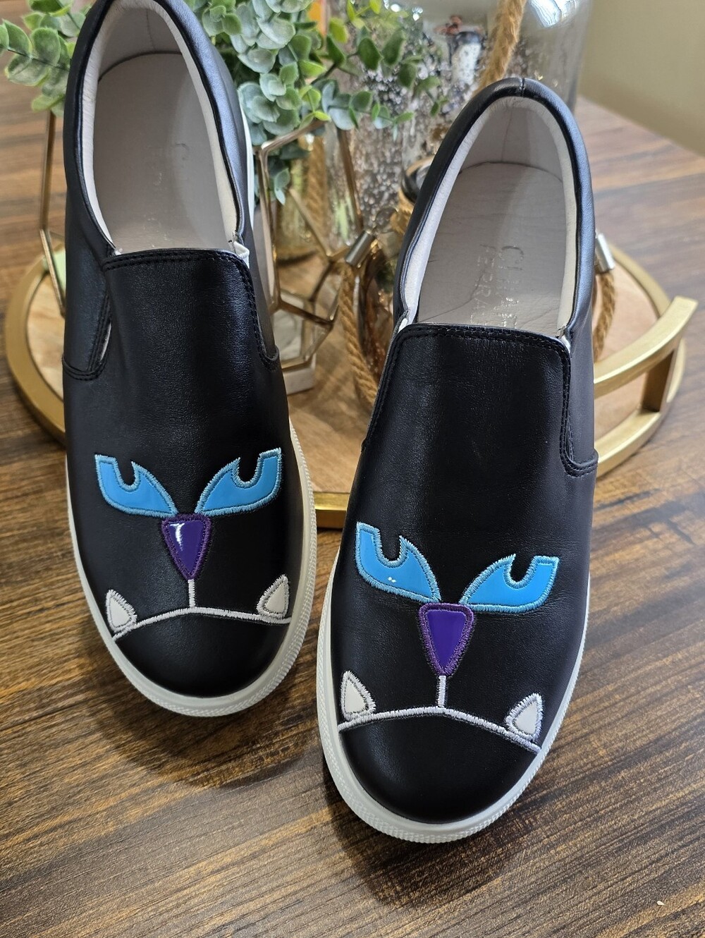 Chiara Ferragni Black Slip-On Sneakers with Blue & Purple Face Motif